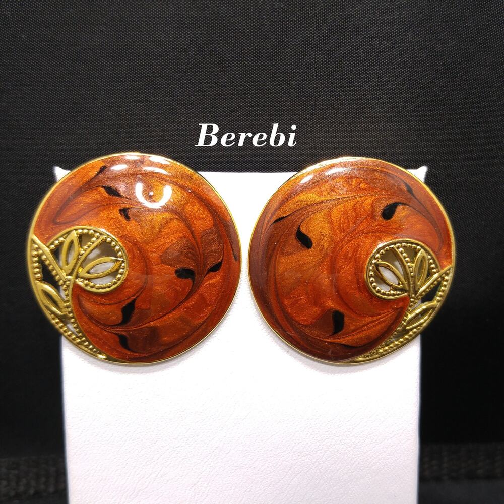Vintage Berebi Brown Guilloche Enamel Openwork Floral Post Earrings, 1990s